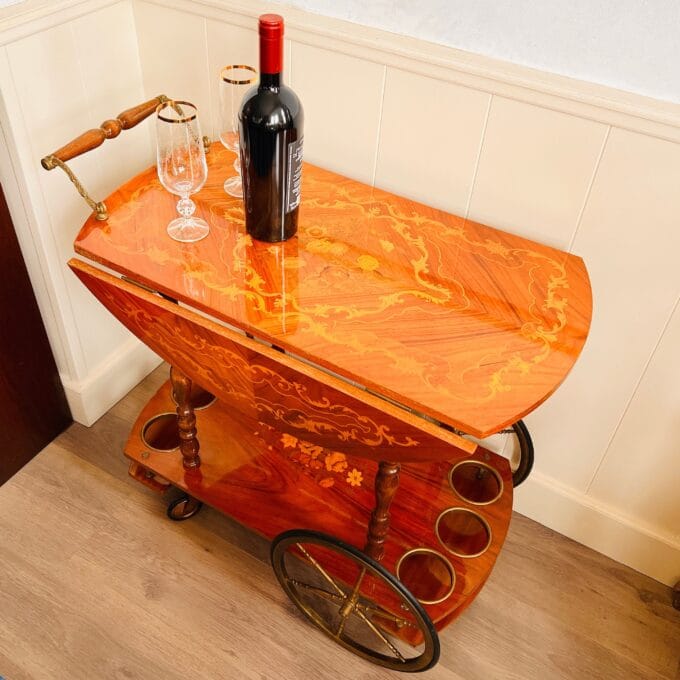Gold Folding Bar Cart – Hollywood Regency Trolley, Mid-Century Drinks Cart on Wheels